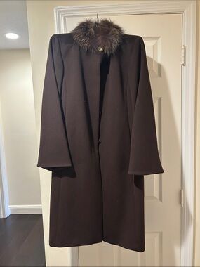 St. John Dark Brown Wool Coat with Fur Trim
